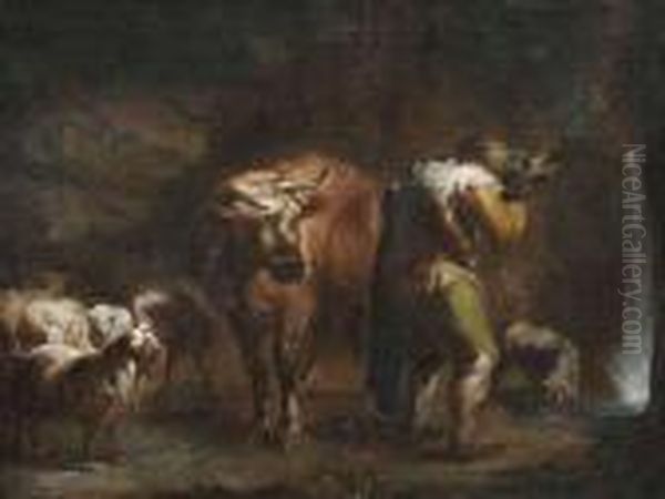 Herdsman With Herd At A Small Cascade Oil Painting by Philipp Peter Roos