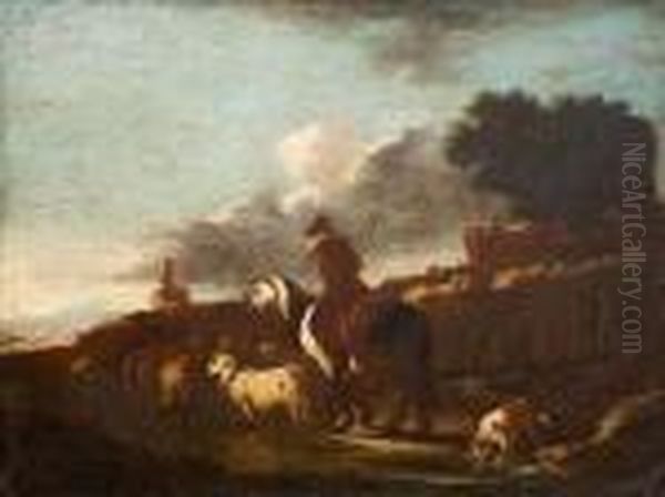 Paesaggio Con Pastore A Cavallo E Armenti Oil Painting by Philipp Peter Roos