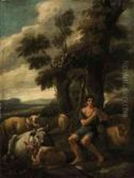 A Drover Playing On His Pipe With His Herd In A Landscape Oil Painting by Philipp Peter Roos