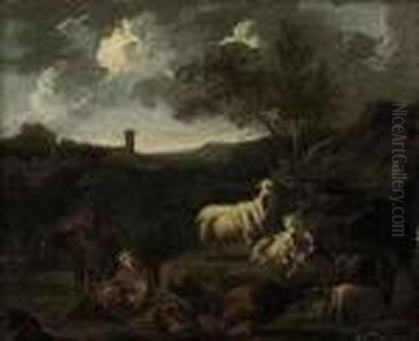 An Italianate Landscape With Shepherds And Goats Resting On Apath Oil Painting by Philipp Peter Roos