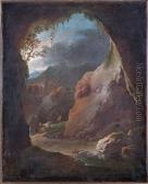 Paesaggio Laziale Con Grotta E Pastore In Cammino Oil Painting by Philipp Peter Roos