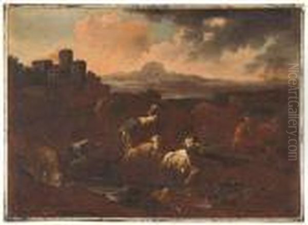 Campagna Romana Con Borgo Medievale, Pastore E Gregge Oil Painting by Philipp Peter Roos