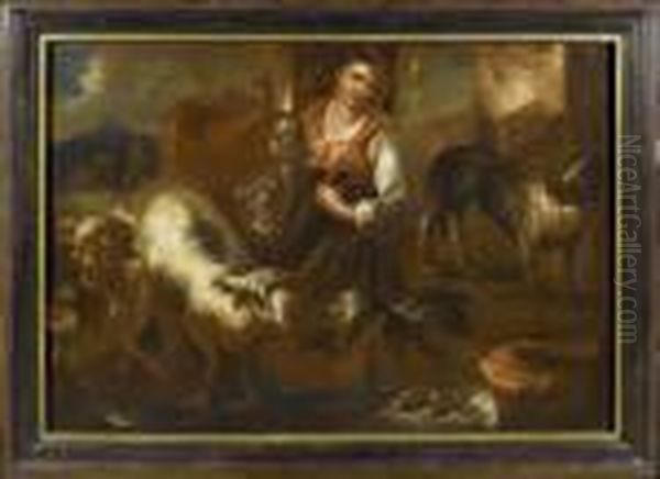 Shepherdess With Animals. Oil Painting by Philipp Peter Roos