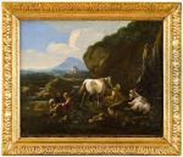 Campagna Romana Con Pastore Addormentato, Armenti E Cavallo Oil Painting by Philipp Peter Roos