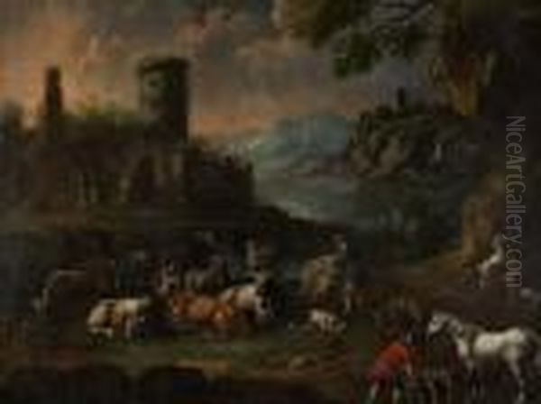 Paisagem Com Castelo, Figuras, Vacas E Bois Oil Painting by Philipp Peter Roos