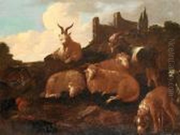 A Shepherd And His Flock Before A Landscape Oil Painting by Philipp Peter Roos