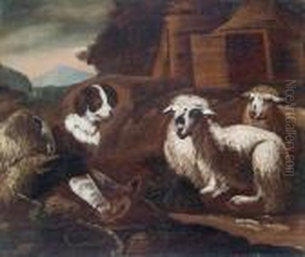 A Shepherd
With Two Sheep And A Dog In A Landscape Oil Painting by Philipp Peter Roos