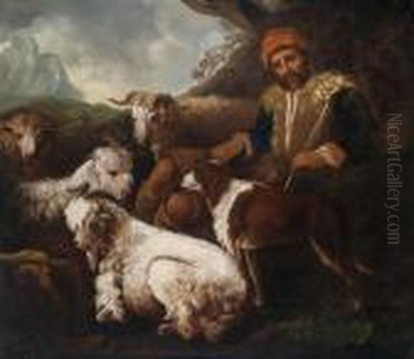 Shepherd And His Flock In A Landscape Oil Painting by Philipp Peter Roos