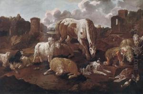 A Shepherd With A Horse And Flocks In The Roman Campagna Oil Painting by Philipp Peter Roos