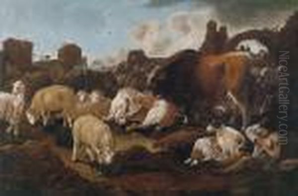 A Shepherd With His Flock In The Roman Campagna Oil Painting by Philipp Peter Roos