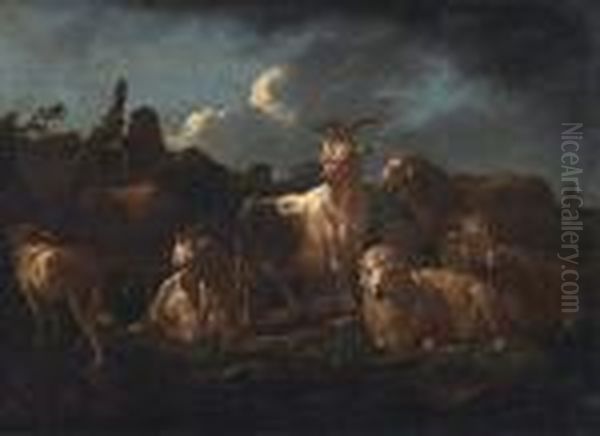 Sheep In The Dusk Landscape Oil Painting by Philipp Peter Roos