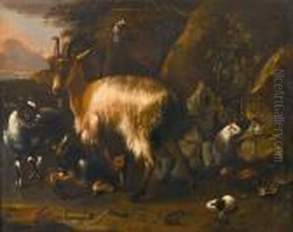 Italianate Landscape With Goats,
 Guinea Pigs, Toad And Bluebird, With Herders And Sheep Beyond Oil Painting by Philipp Peter Roos