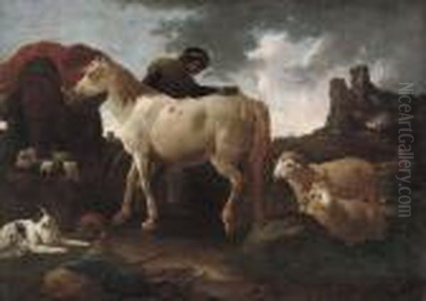 A Peasent Attending A Horse In An Italianate Landscape Oil Painting by Philipp Peter Roos