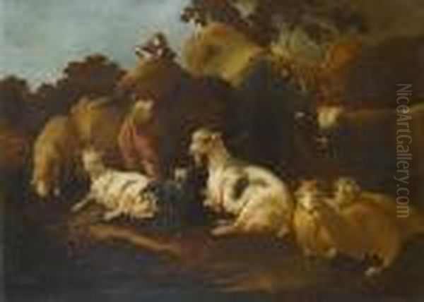 A Shepherd Leaning On A Rock While Lookingafter His Goats, Sheep, Bull And Calf Oil Painting by Philipp Peter Roos