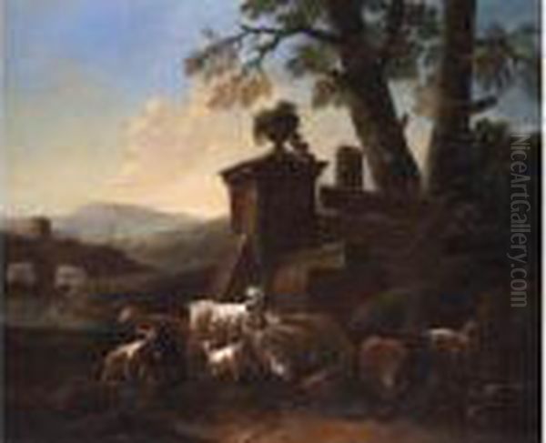 Schlafender Hirte Zwischen 
Schafen Und Ziegen In Sudlicher Landschaft Mit Antikem Monument Oil Painting by Philipp Peter Roos