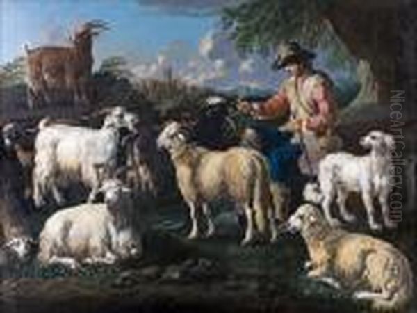 Shepherd With Sheep And Goats In Alandscape Oil Painting by Philipp Peter Roos