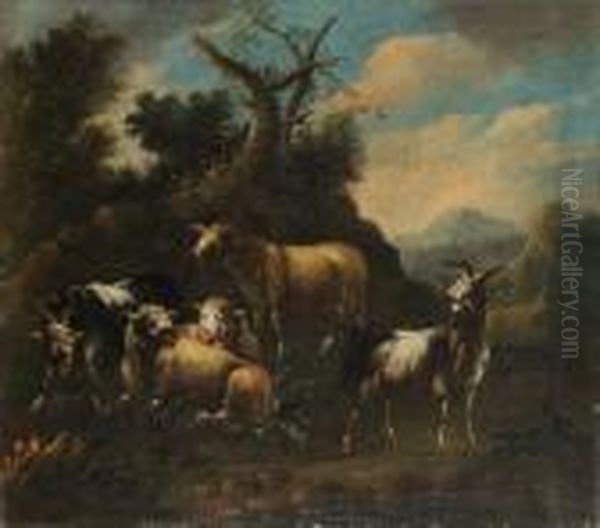 Owce I Kozly W Gorskim Pejzazu, Ok. 1695 Oil Painting by Philipp Peter Roos