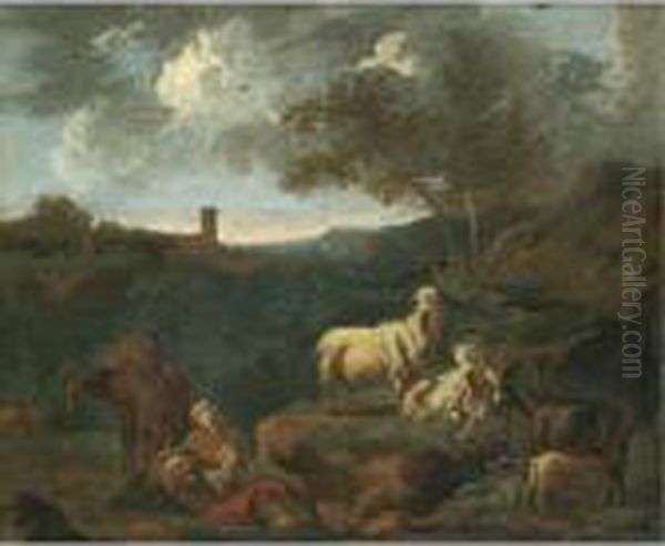 A Landscape With Goats And A Peasant Family Resting In The Foreground. Oil Painting by Philipp Peter Roos