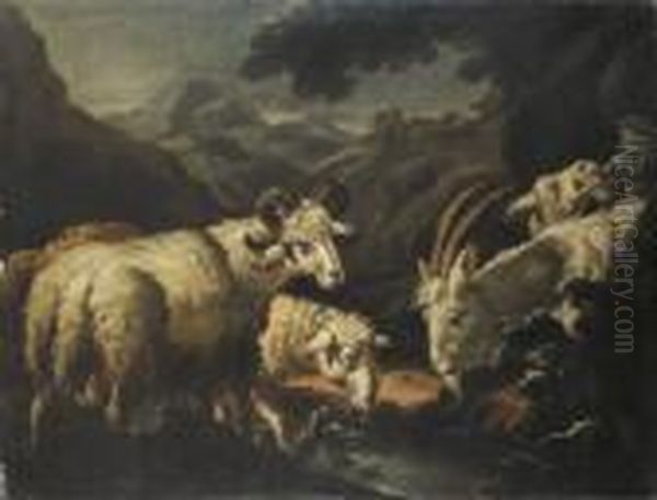 A Mountainous Wooded Landscape With A Ram, Ewe, Billy Goat And A Nanny Goat At A Stream Oil Painting by Philipp Peter Roos