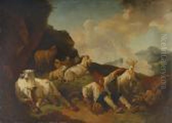 A Shepherd Resting On A Hillside With A Cow, Sheep And Goats Oil Painting by Philipp Peter Roos