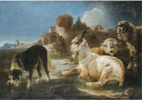 Two Sheep And A Goat, With A Dog Drinking From A Pool Before A Ruin Oil Painting by Philipp Peter Roos