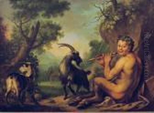 Pan Playing The Flute Whit His Goats In A Landscape Oil Painting by Philipp Peter Roos