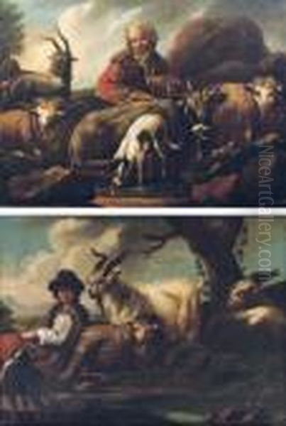 A Shepherd With His Flock In A 
Landscape, A Dog Drinking In The Foreground; And A Shepherd With His 
Flock In A Landscape Oil Painting by Philipp Peter Roos