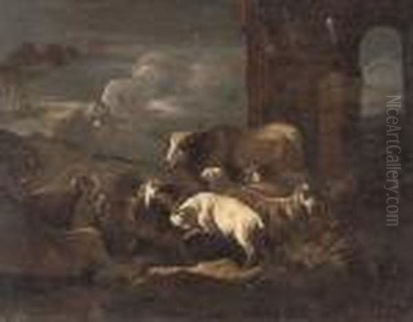 An Evening Landscape With A Flock Of Goats And A Bull, By Classical Ruins Oil Painting by Philipp Peter Roos