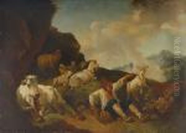 A Shepherd Resting On A Hillside With A Cow Sheep And Goats Oil Painting by Philipp Peter Roos