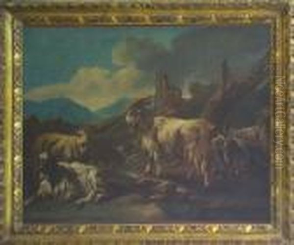 Paesaggio Con Capre, Pecore E Cani Oil Painting by Philipp Peter Roos