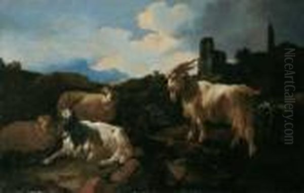 Ziegen Vor Ruinen In Der Romischen Campagna. Ol Auf Leinwand (doubliert). H 72,5; B 112 Oil Painting by Philipp Peter Roos