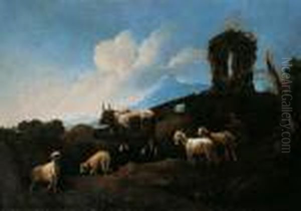 Campagnalandschaft Mit Viehherde
 Vor Einer Ruine. Ol Auf Leinwand (doubliert). H 98,5; B 137 Oil Painting by Philipp Peter Roos