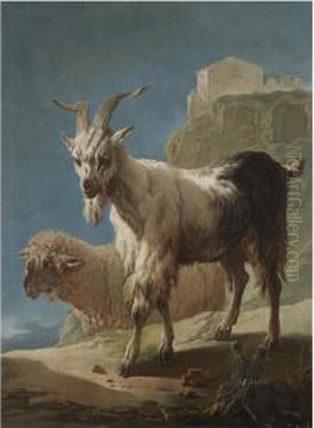 A Goat And A Sheep In An Italianate Landscape Oil Painting by Philipp Peter Roos