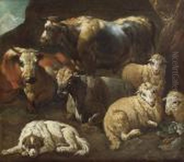 Cattle And Sheep With A Sheepdog Resting In A Rocky Landscape Oil Painting by Philipp Peter Roos