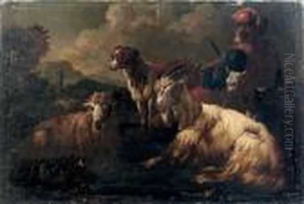 A Peasant With A Goat, Sheep And His Dog In A Landscape Oil Painting by Philipp Peter Roos