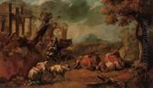 An Italianate Landscape With A 
Shepherd Playing A Doodlesack And A Shepherdess Milking A Sheep, With 
Cattle And Classical Ruins Beyond Oil Painting by Philipp Peter Roos