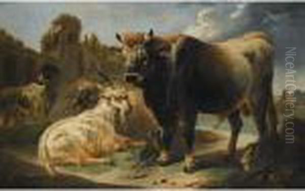 Rocky Landscape With A Bull Goat
 Ram And Sheepdog Before A Set Of Ruins A 
Shepherd And Flock Beyond Oil Painting by Philipp Peter Roos