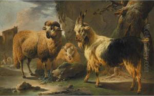 Rocky Landscape With Sheep And 
Goats A Horseman Before A House Beyond Oil Painting by Philipp Peter Roos