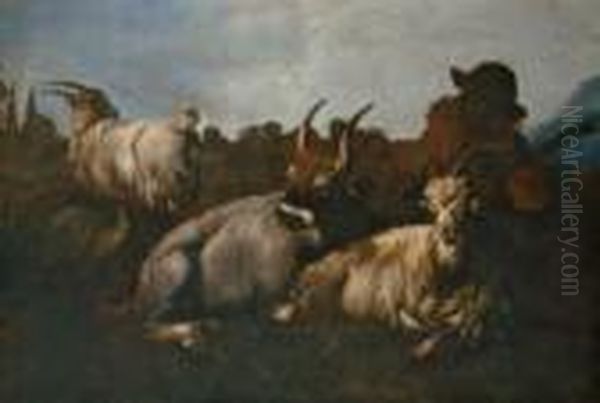 Lagernde Ziegen Und Ein Von 
Hinten Gesehener Hirte. Ol Auf Leinwand (doubliert). H 88; B 128 Cm. 
Provenienz: Aus Franzosischem Adelsbesitz. Oil Painting by Philipp Peter Roos