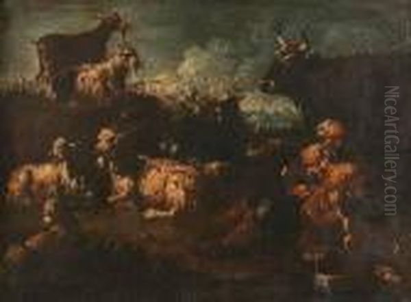 Shepherd With Goats And Bull Oil Painting by Philipp Peter Roos