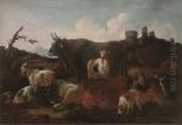 A Shepherd With Cattle And Dogs By Ruins In An Italianatelandscape Oil Painting by Philipp Peter Roos