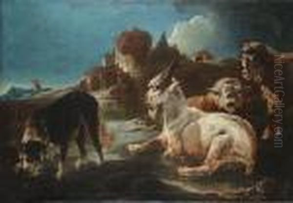 Sheep, A Goat And A Dog Drinking
 Water From A Stream A Shepherd And His Flock In The Distance Oil Painting by Philipp Peter Roos