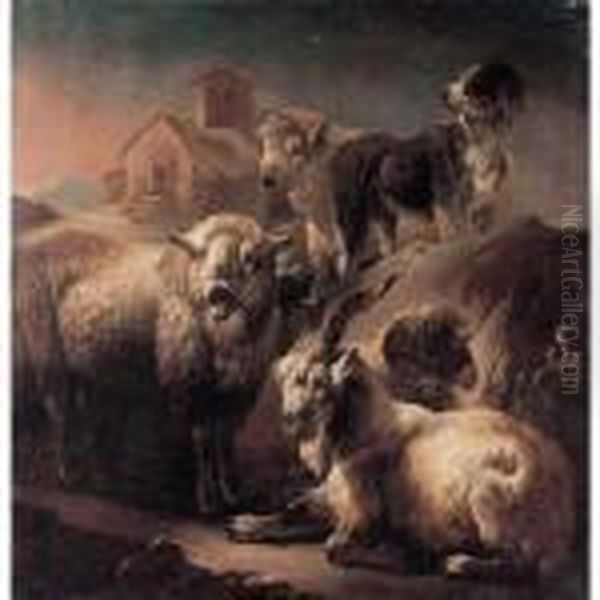 A Goat, Sheep And A Dog Resting In A Landscape, A Cottage Beyond. Oil Painting by Philipp Peter Roos