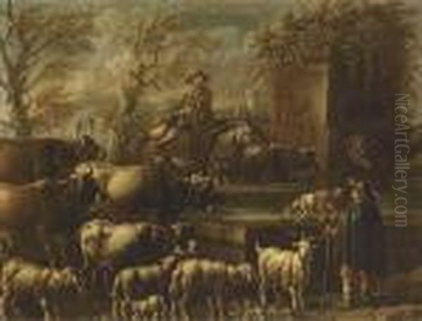 A Drover And A Shepherd 
Preparing To Leave With Their Cattle Andflock; And A Drover On Horseback
 Watering His Cattle At A Fountainand Shepherd With His Flock Oil Painting by Philipp Peter Roos