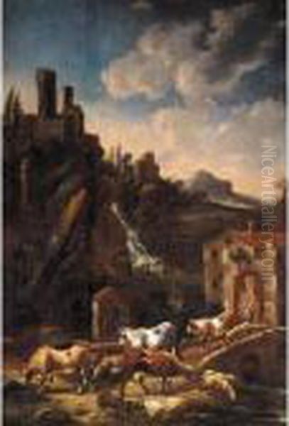 An Italianate Landscape With Drovers And Their Herd On A Bridge, A Waterfall Beyond Oil Painting by Philipp Peter Roos