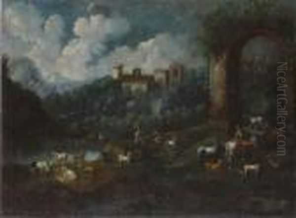 Veduta Del Castello Di Nerola Con Contadini E Armenti Oil Painting by Philipp Peter Roos