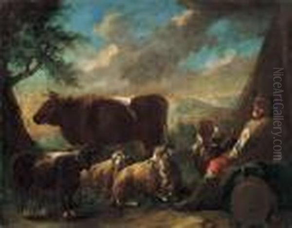 Shepherd In Italian Landscape Oil Painting by Philipp Peter Roos