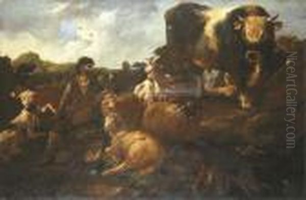 A Peasant Surrounded By Dogs, Sheep, A Bull Oil Painting by Philipp Peter Roos