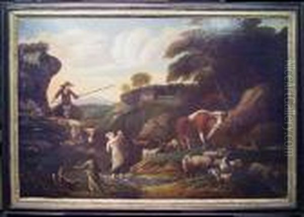 Drovers With Livestock In A Landscape Oil Painting by Philipp Peter Roos