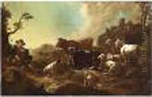 A Shepherd Resting With His Cattle, Goats And Sheep In A Hilly Landscape Oil Painting by Philipp Peter Roos